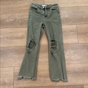 High-Rise Olive Green Flare Jeans with Knee Distress
